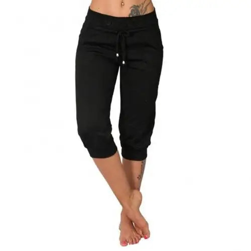 Women's Capri Sports Pants - Drawstring Pocket Cropped Yoga Trousers