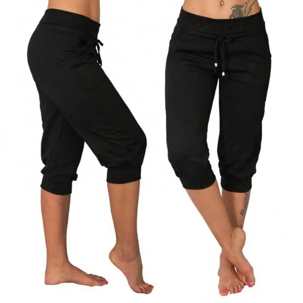 Women's Capri Sports Pants - Drawstring Pocket Cropped Yoga Trousers