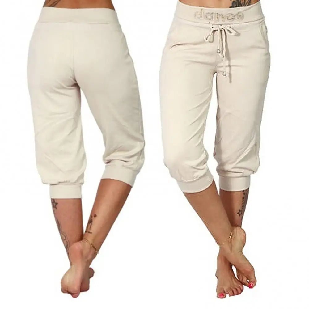 Women's Capri Sports Pants - Drawstring Pocket Cropped Yoga Trousers