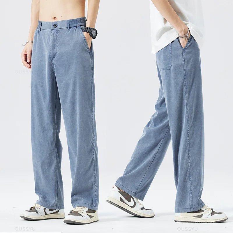 Summer Thin Soft Lyocell Fabric Jeans Men Loose Straight Wide Leg Pants Drawstring Elastic Waist Casual Trousers Plus Size M-5XL OUSSYU Official Store