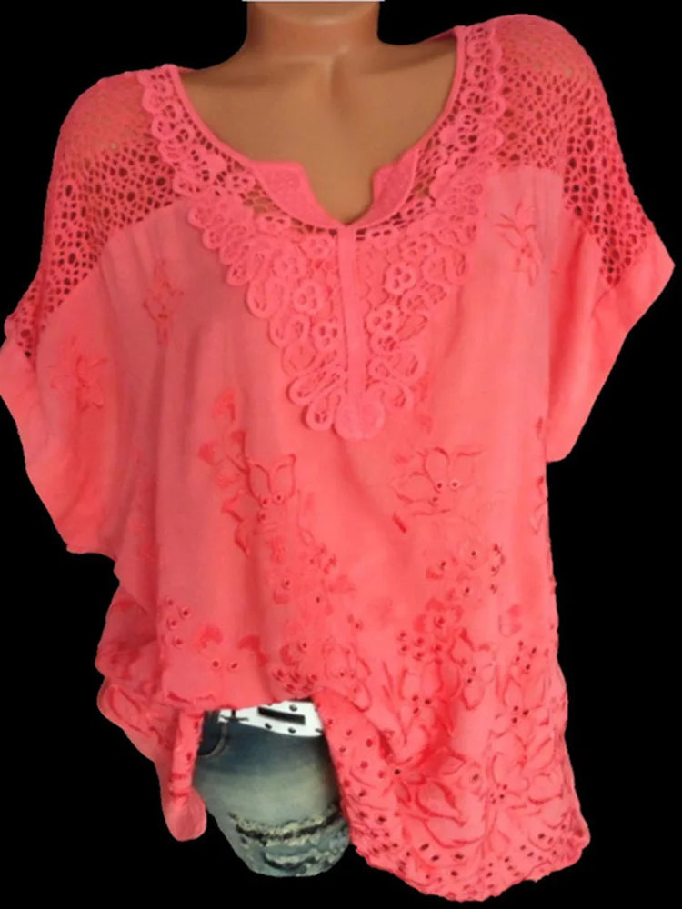 Women's Cotton Lace Blouse - V-Neck Loose Fit Summer Top Plus Size
