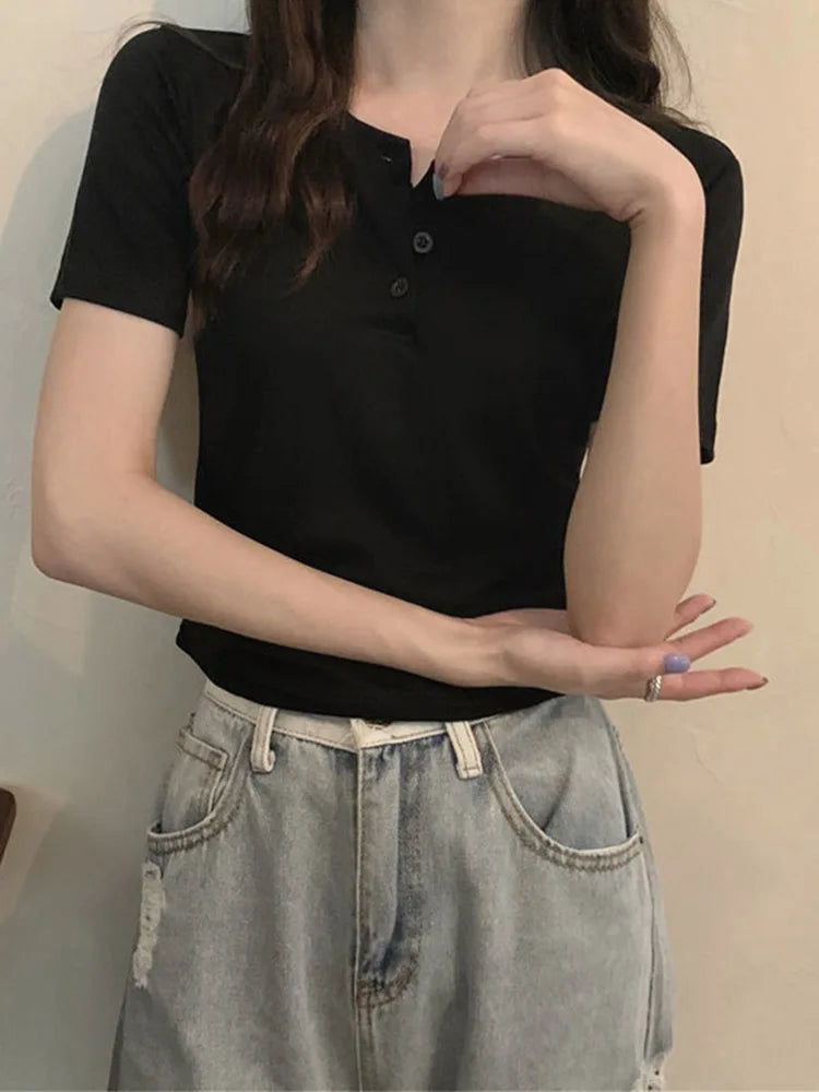 Women's Button Front Crop Top - Short Sleeve Slim Fit White Basic Tee