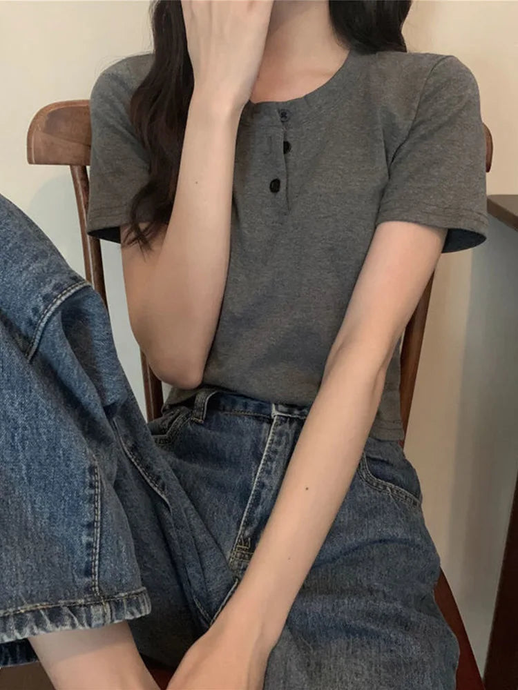 Women's Button Front Crop Top - Short Sleeve Slim Fit White Basic Tee