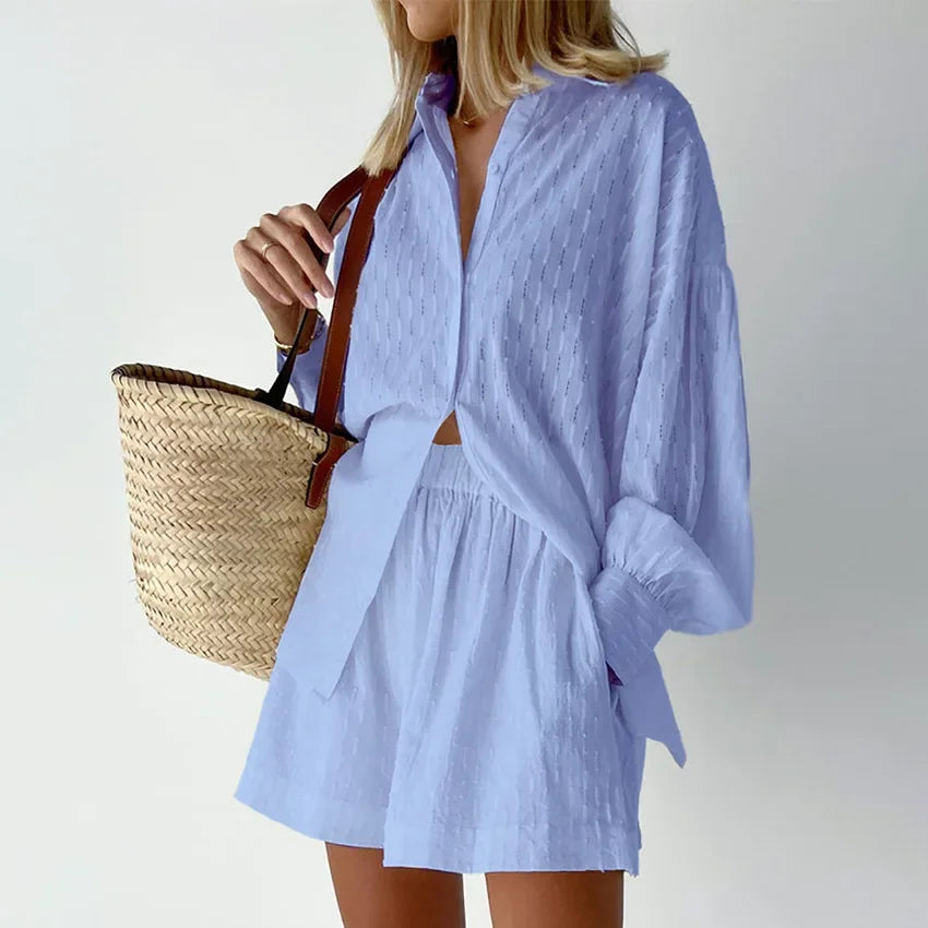 Women's Jacquard Two Piece Set - Puff Sleeve Blouse & Loose Shorts | Summer Outfit