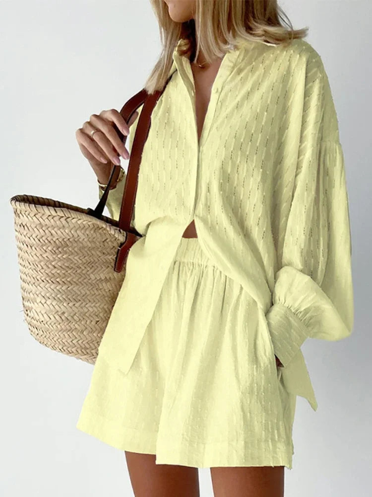 Women's Jacquard Two Piece Set - Puff Sleeve Blouse & Loose Shorts | Summer Outfit