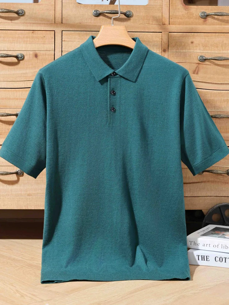 Men's 100% Merino Wool Polo Sweater - Short Sleeve Summer Knit Pullover