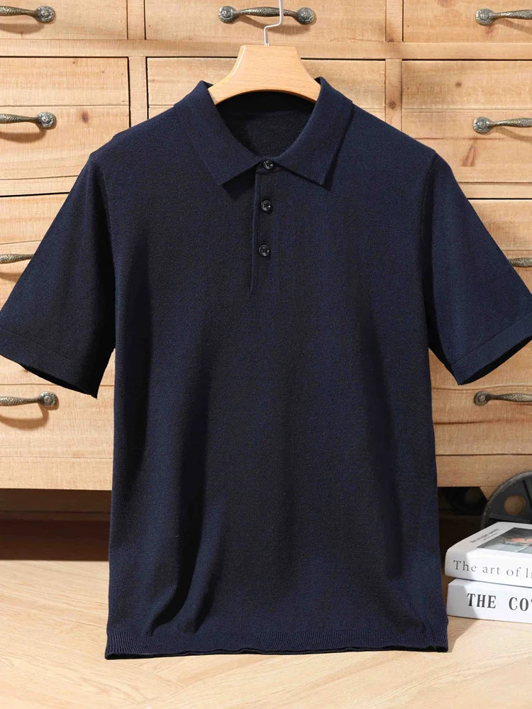 Men's 100% Merino Wool Polo Sweater - Short Sleeve Summer Knit Pullover