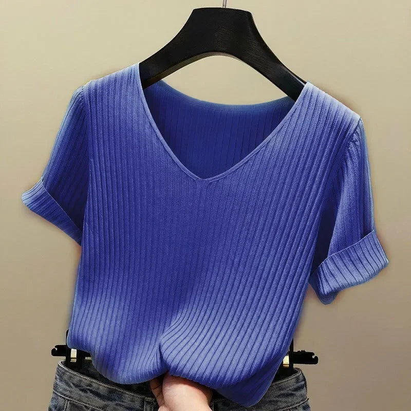 Women's V-Neck Knitted Sweater - Short Sleeve Slim Fit Summer Pullover