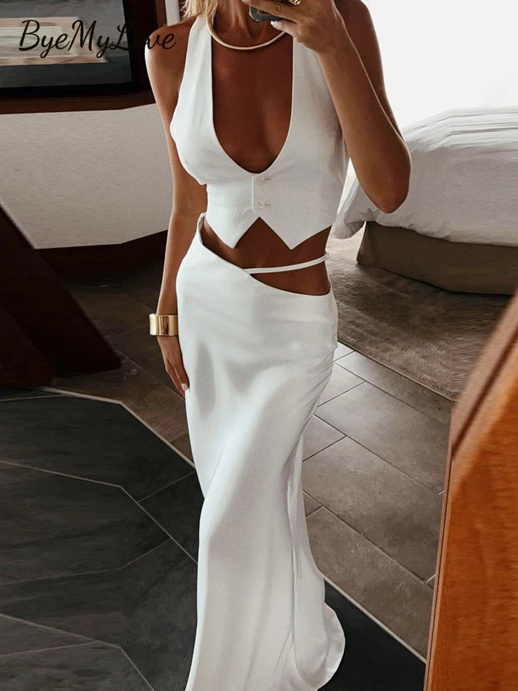 Women's Silk Crop Top & Maxi Skirt Set - 2-Piece Evening Party Outfit