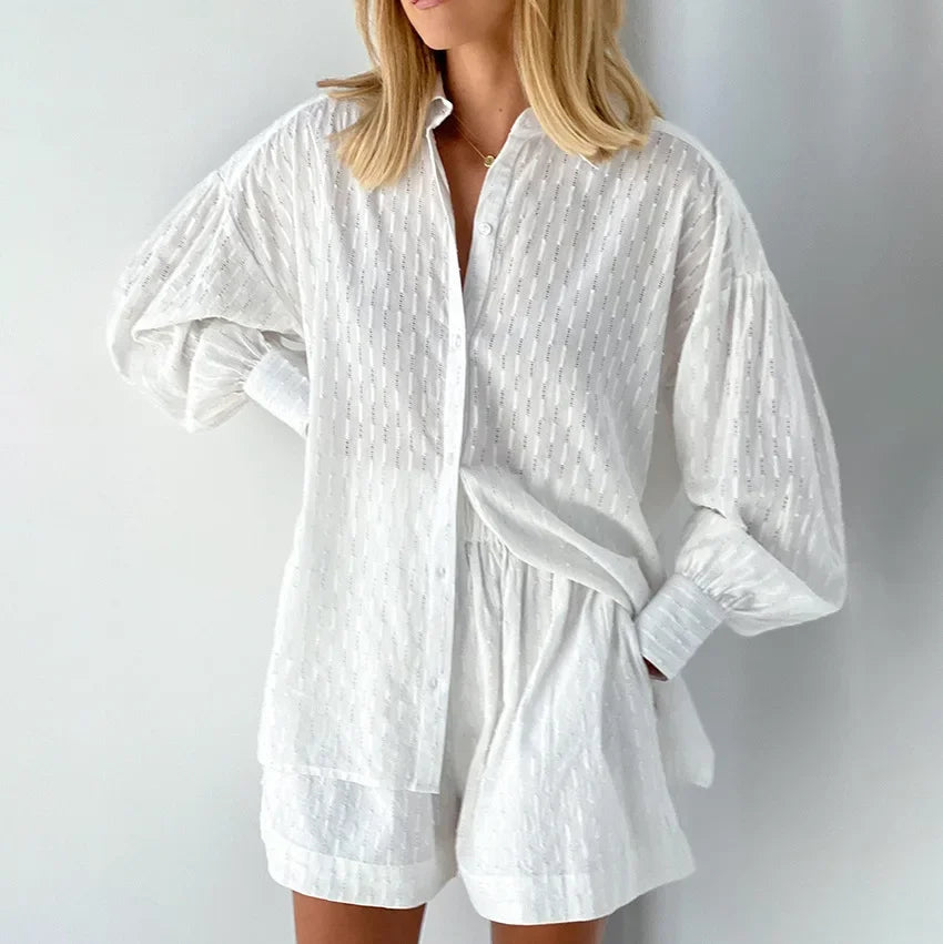 Women's Jacquard Two Piece Set - Puff Sleeve Blouse & Loose Shorts | Summer Outfit