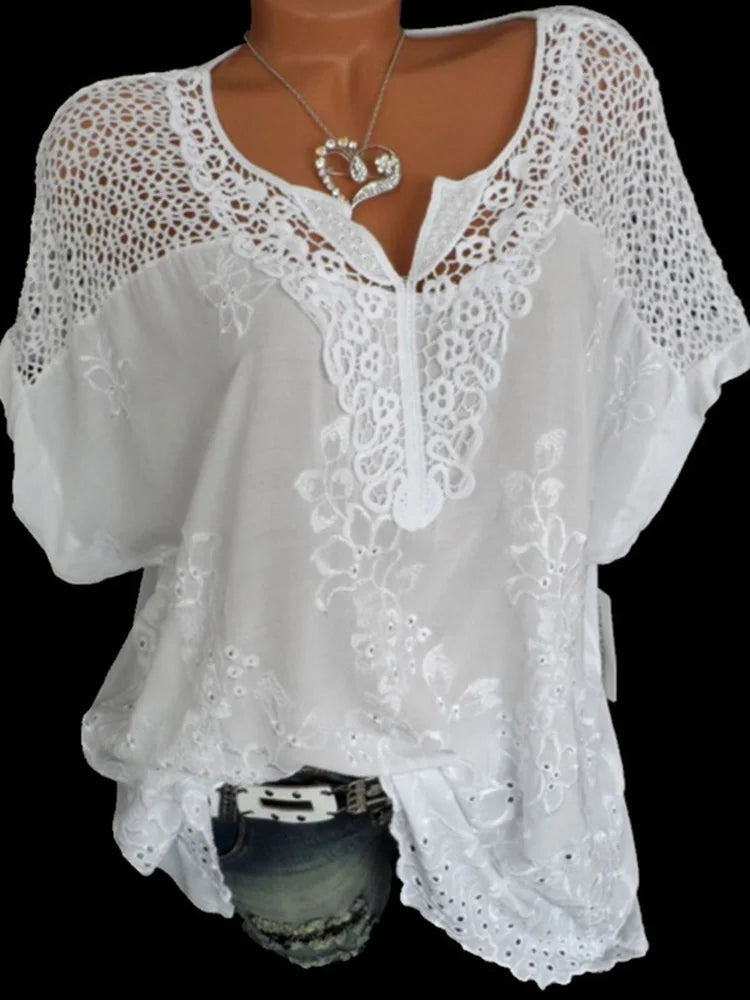 Women's Cotton Lace Blouse - V-Neck Loose Fit Summer Top Plus Size