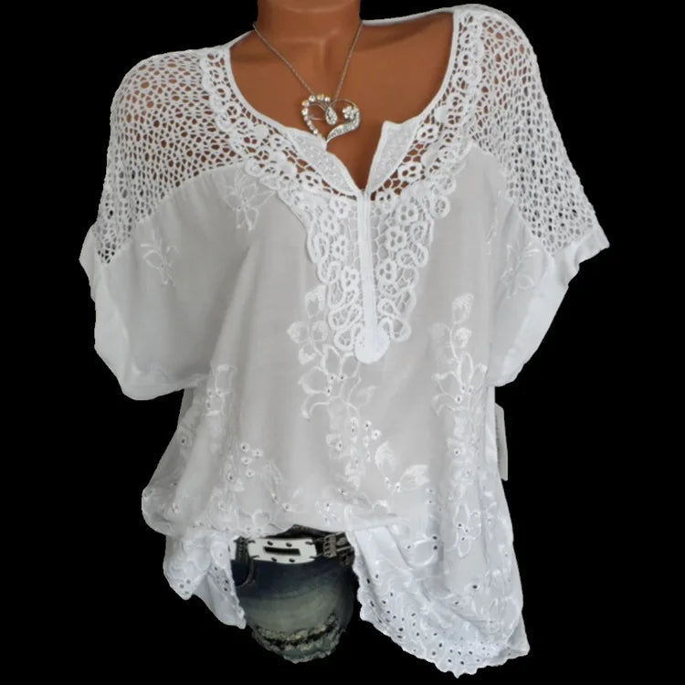Women's Cotton Lace Blouse - V-Neck Loose Fit Summer Top Plus Size