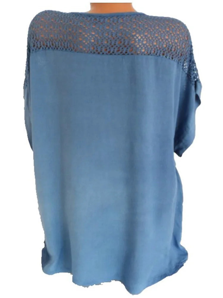 Women's Cotton Lace Blouse - V-Neck Loose Fit Summer Top Plus Size
