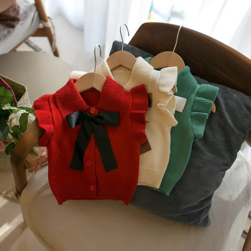 Autumn Girls' Sweater Vest Children'S Clothing Girls' Lapel Cardigan Bow Vest Small Flying Sleeve Cute Knitted Sweater Vest Top Mulambo store