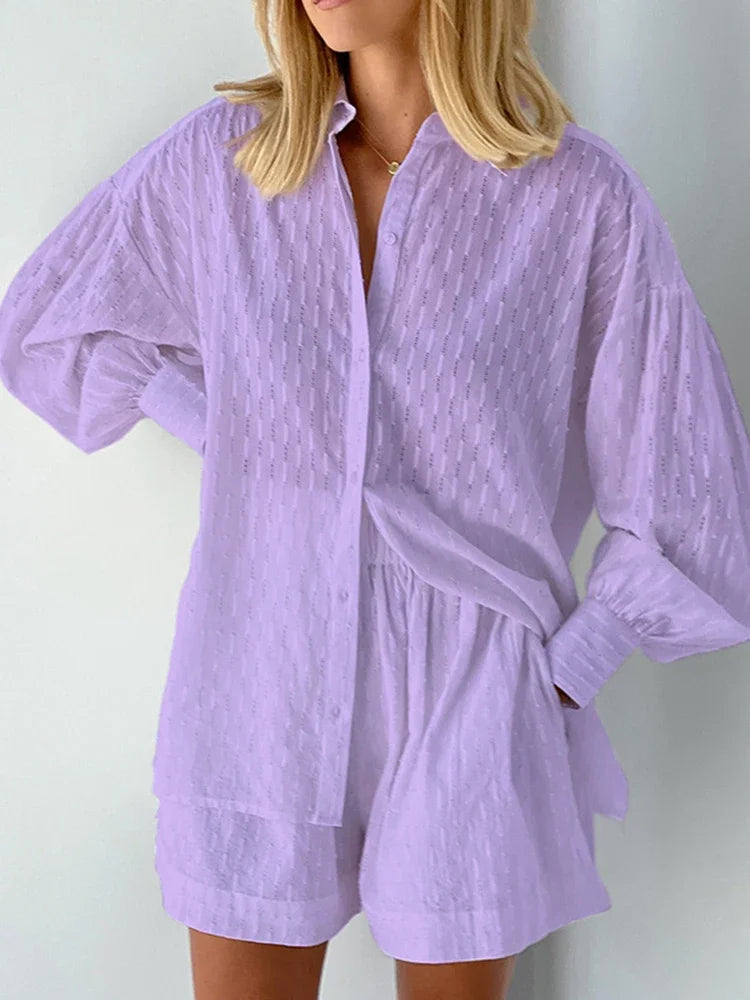 Women's Jacquard Two Piece Set - Puff Sleeve Blouse & Loose Shorts | Summer Outfit