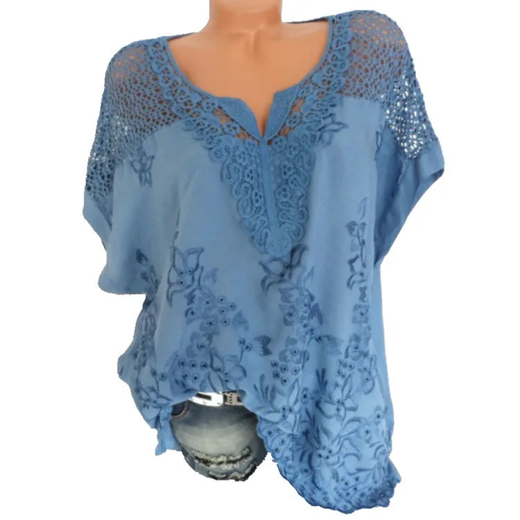 Women's Cotton Lace Blouse - V-Neck Loose Fit Summer Top Plus Size