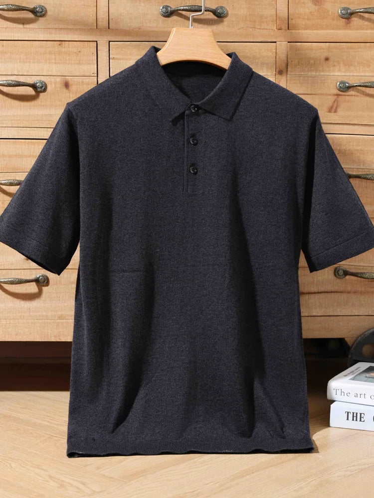 Men's 100% Merino Wool Polo Sweater - Short Sleeve Summer Knit Pullover