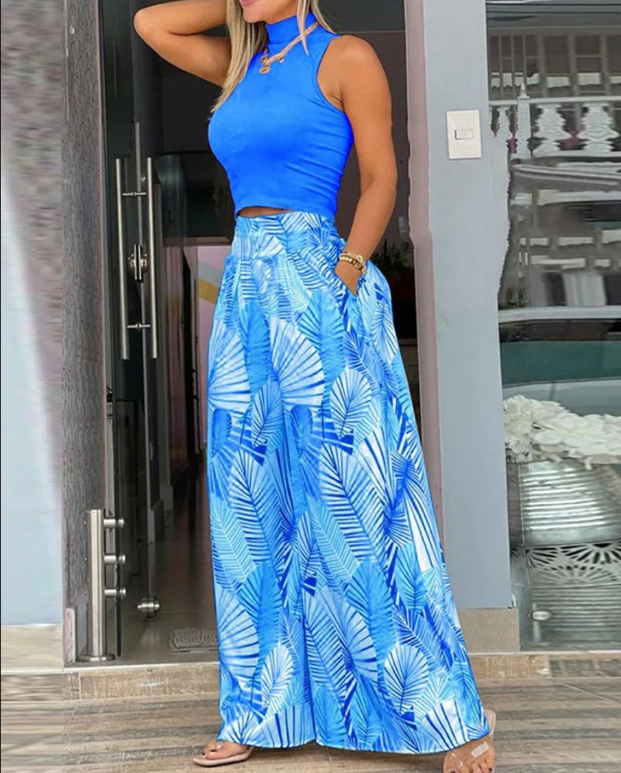 Women's 2-Piece Print Set - Sleeveless Top & Wide Leg Pants Summer 2024