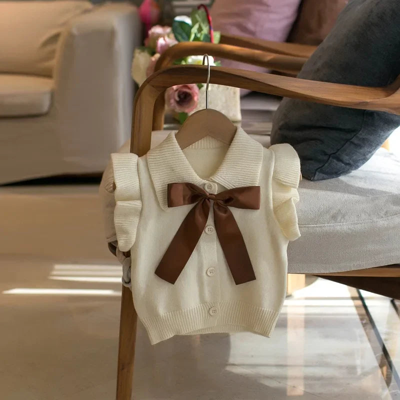 Autumn Girls' Sweater Vest Children'S Clothing Girls' Lapel Cardigan Bow Vest Small Flying Sleeve Cute Knitted Sweater Vest Top Mulambo store
