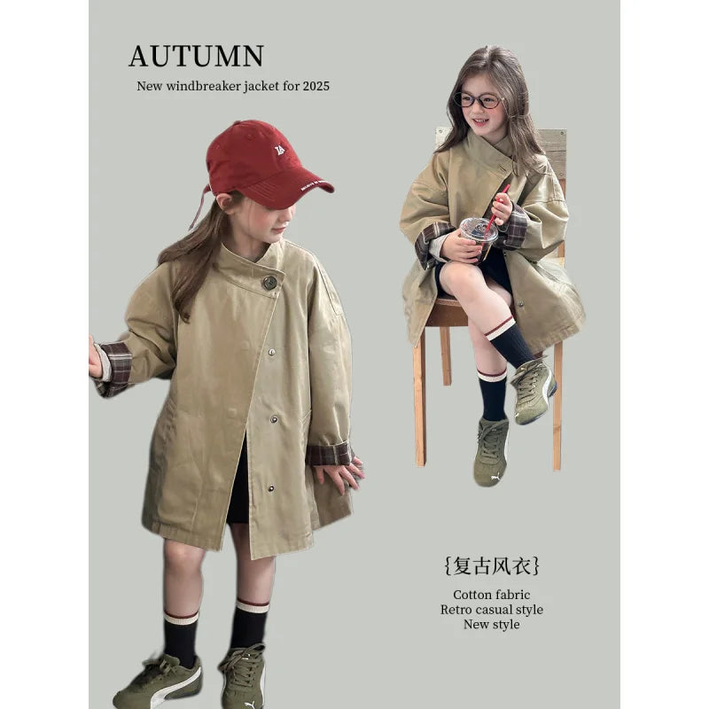 2025Girls' Spring and Autumn New Korean Style Mid-Length High-Quality High-Density Combed Bamboo Twill Cotton Trench Coat2Years Mulambo store