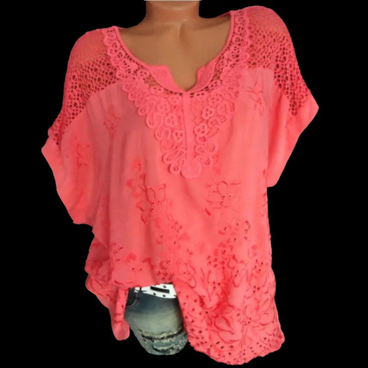 Women's Cotton Lace Blouse - V-Neck Loose Fit Summer Top Plus Size