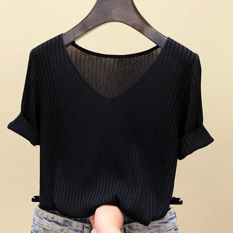 Women's V-Neck Knitted Sweater - Short Sleeve Slim Fit Summer Pullover