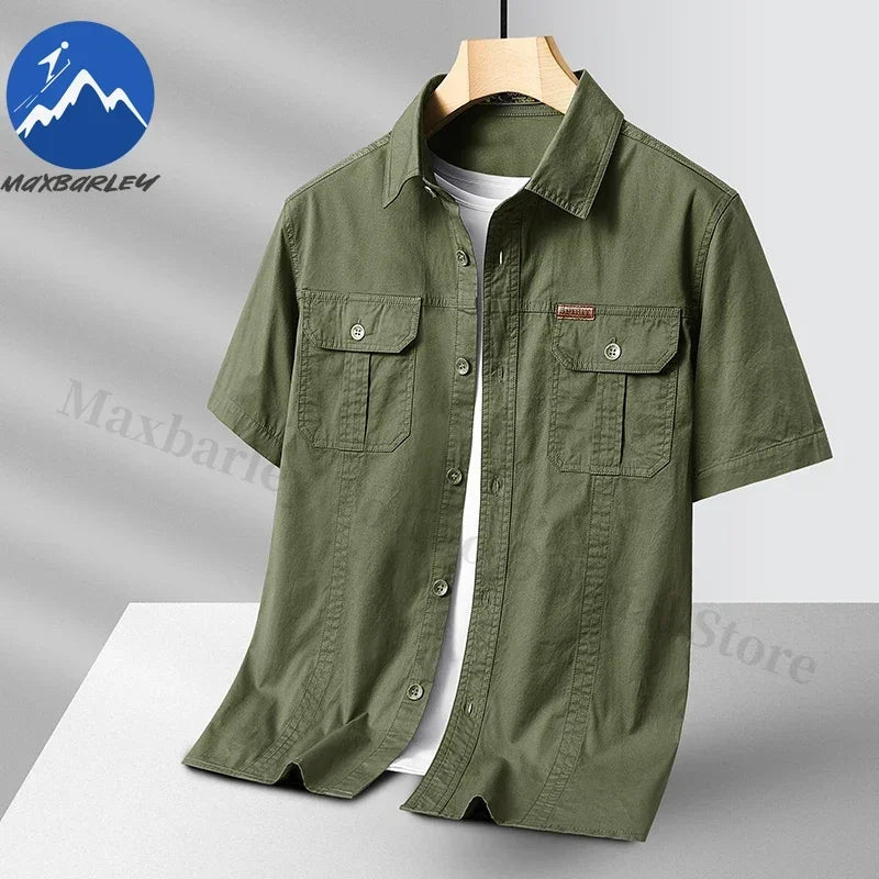Men's 100% Cotton Work Shirt - Short Sleeve Fishing Climbing Pocket Shirt