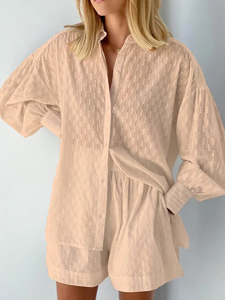 Women's Jacquard Two Piece Set - Puff Sleeve Blouse & Loose Shorts | Summer Outfit