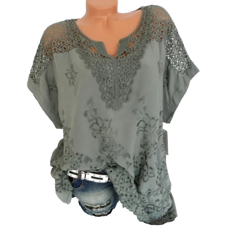 Women's Cotton Lace Blouse - V-Neck Loose Fit Summer Top Plus Size