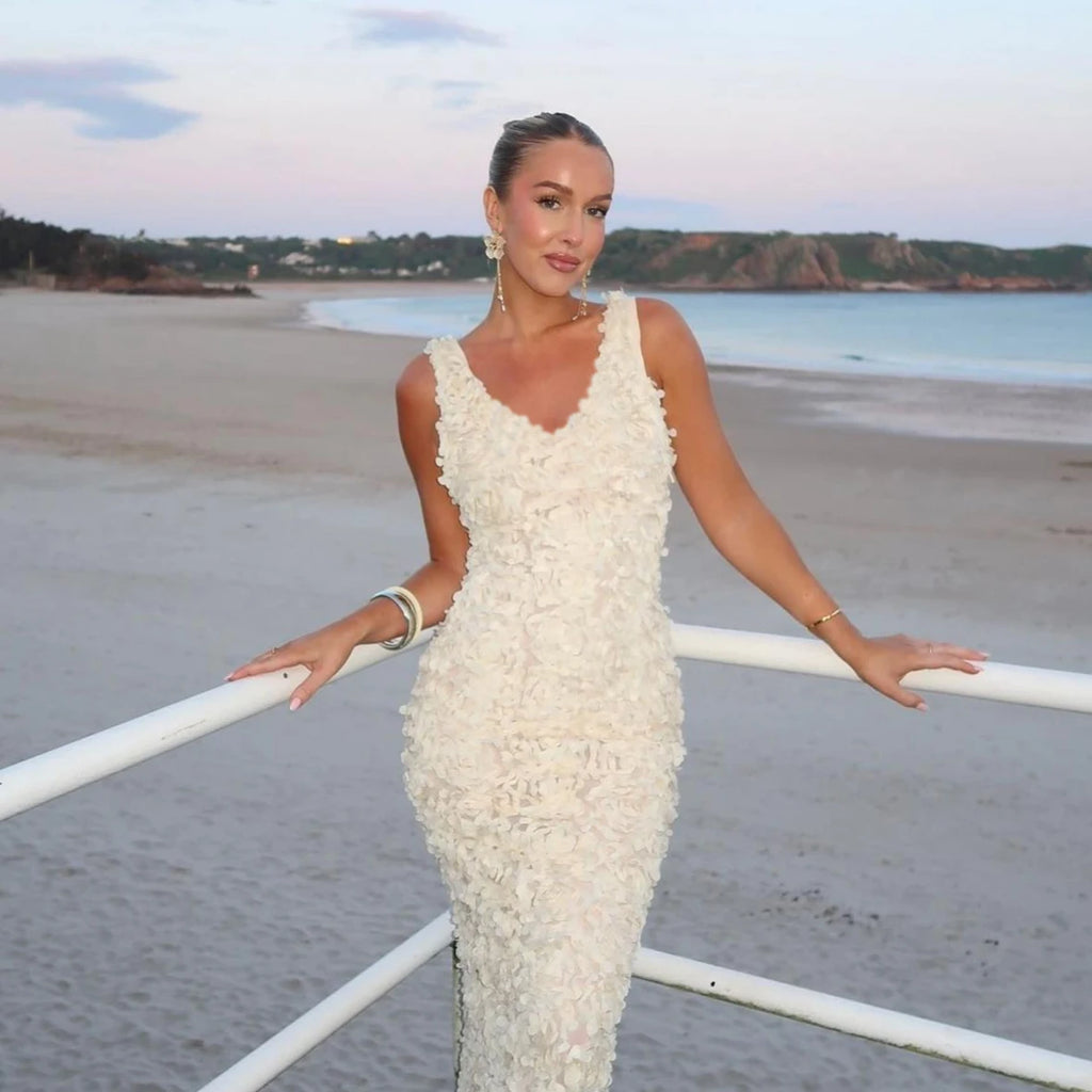 Women's 3D Flower Maxi Evening Dress - Wedding Guest Formal Gown