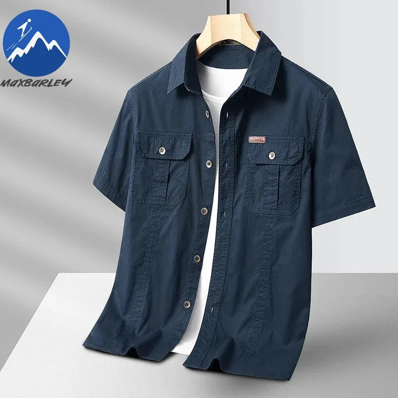 Men's 100% Cotton Work Shirt - Short Sleeve Fishing Climbing Pocket Shirt