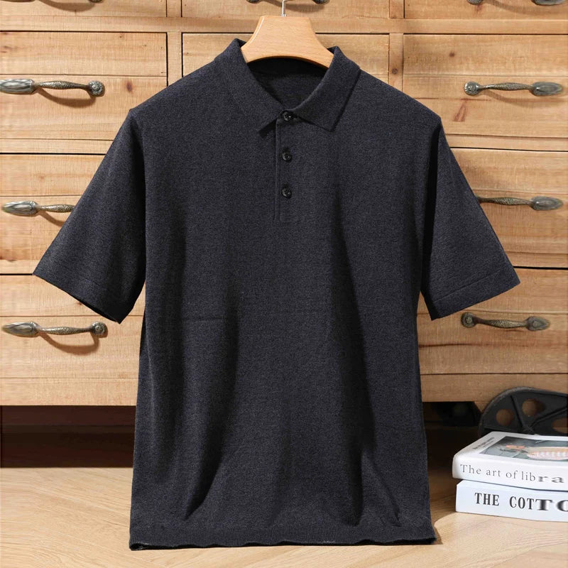 Men's 100% Merino Wool Polo Sweater - Short Sleeve Summer Knit Pullover