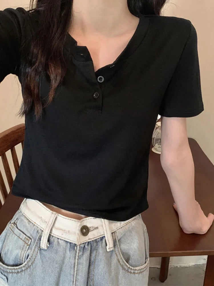 Women's Button Front Crop Top - Short Sleeve Slim Fit White Basic Tee