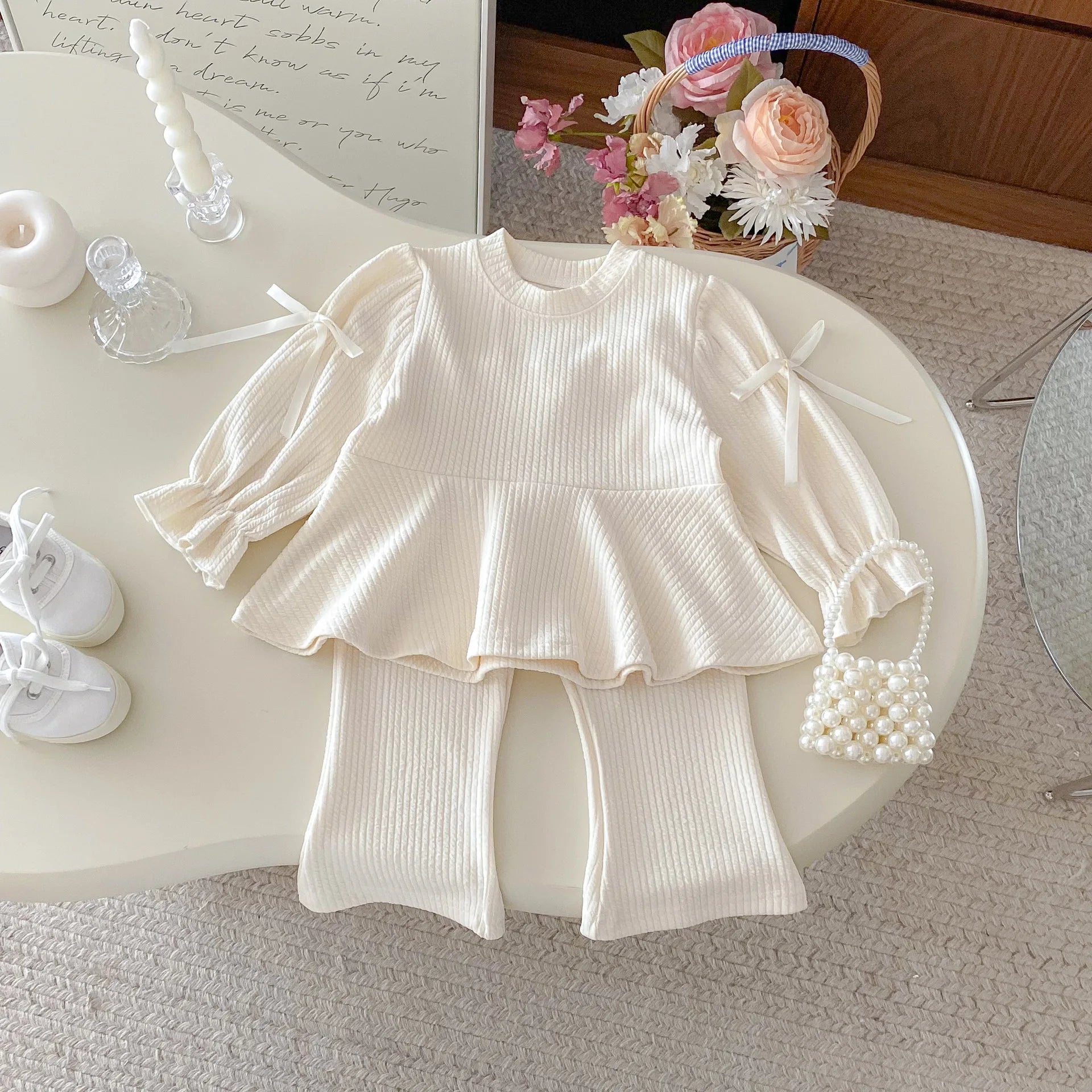 2025 Autumn New Children Long Sleeve Clothes Set Girls Cute Bow Loose Tops + Flared Trousers 2pcs Suit Cotton Kids Girls Outfits Mulambo store