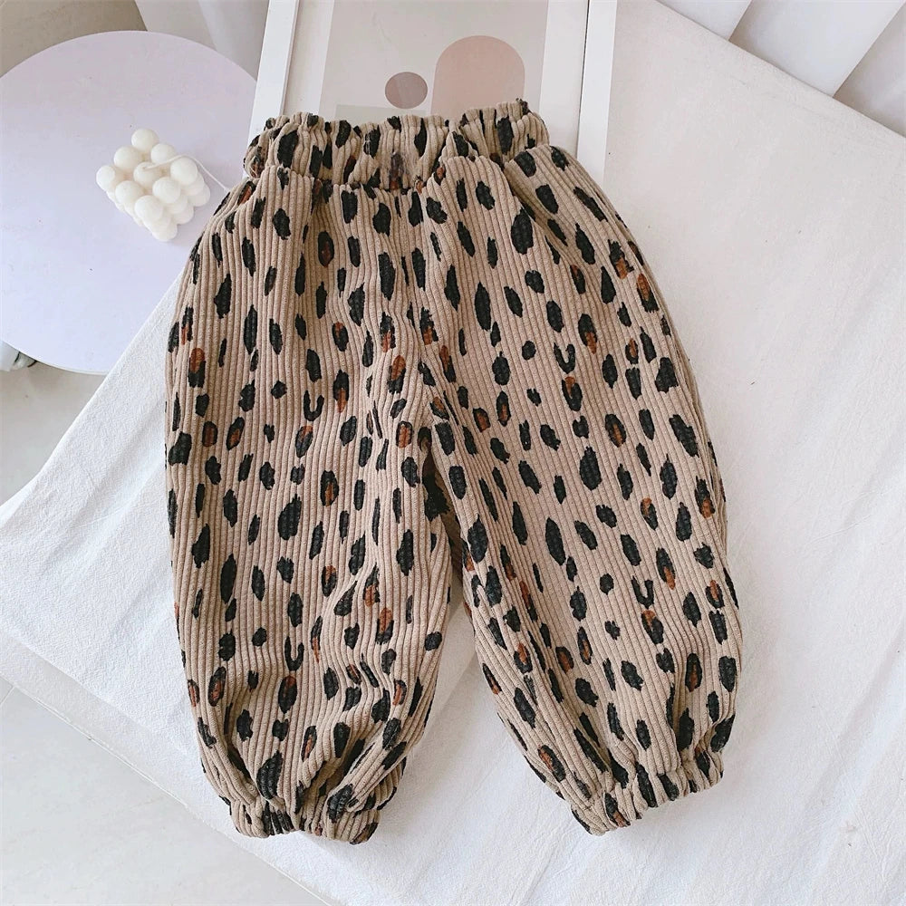 Autumn And Winter 2025 Girls Corduroy Casual Pants Leopard Print Floral Outerwear Trendy Pants For 80-140CM Child Harlan Pants Mulambo store