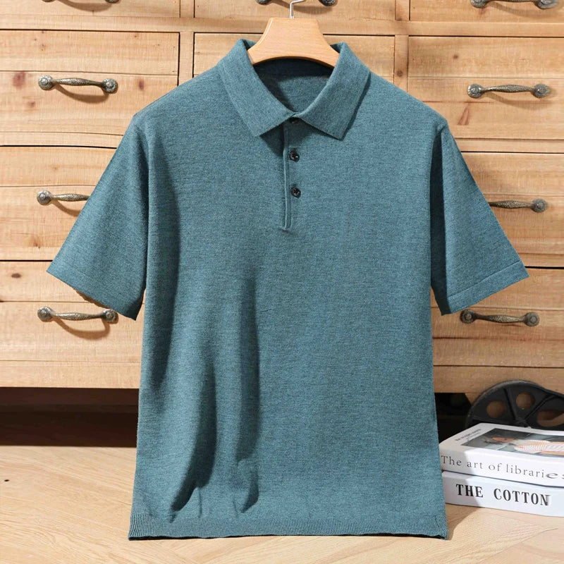 Men's 100% Merino Wool Polo Sweater - Short Sleeve Summer Knit Pullover