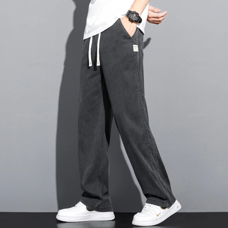 Summer Thin Soft Lyocell Fabric Jeans Men Loose Straight Wide Leg Pants Drawstring Elastic Waist Casual Trousers Plus Size M-5XL OUSSYU Official Store