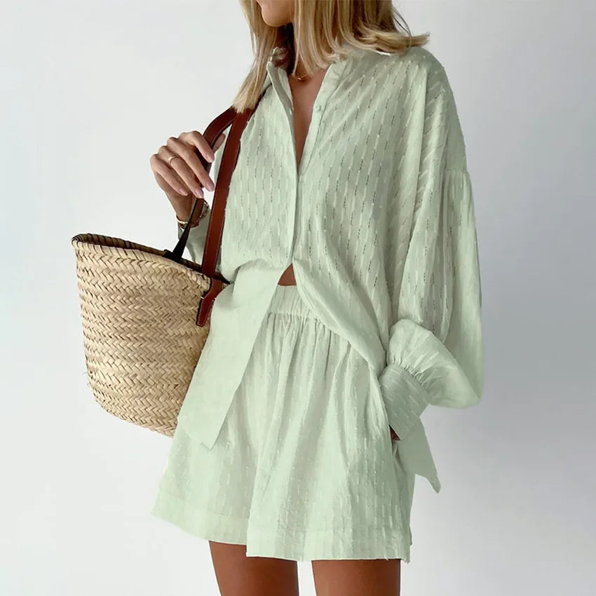 Women's Jacquard Two Piece Set - Puff Sleeve Blouse & Loose Shorts | Summer Outfit