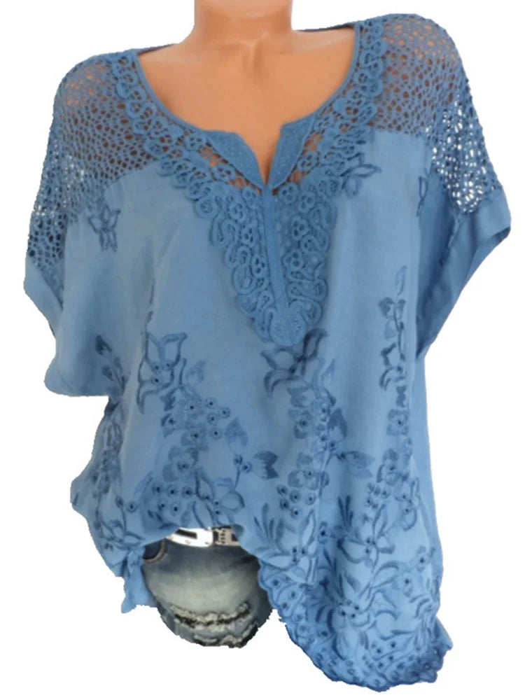Women's Cotton Lace Blouse - V-Neck Loose Fit Summer Top Plus Size