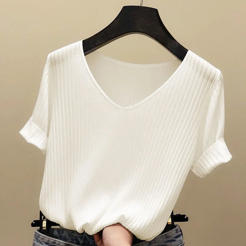 Women's V-Neck Knitted Sweater - Short Sleeve Slim Fit Summer Pullover