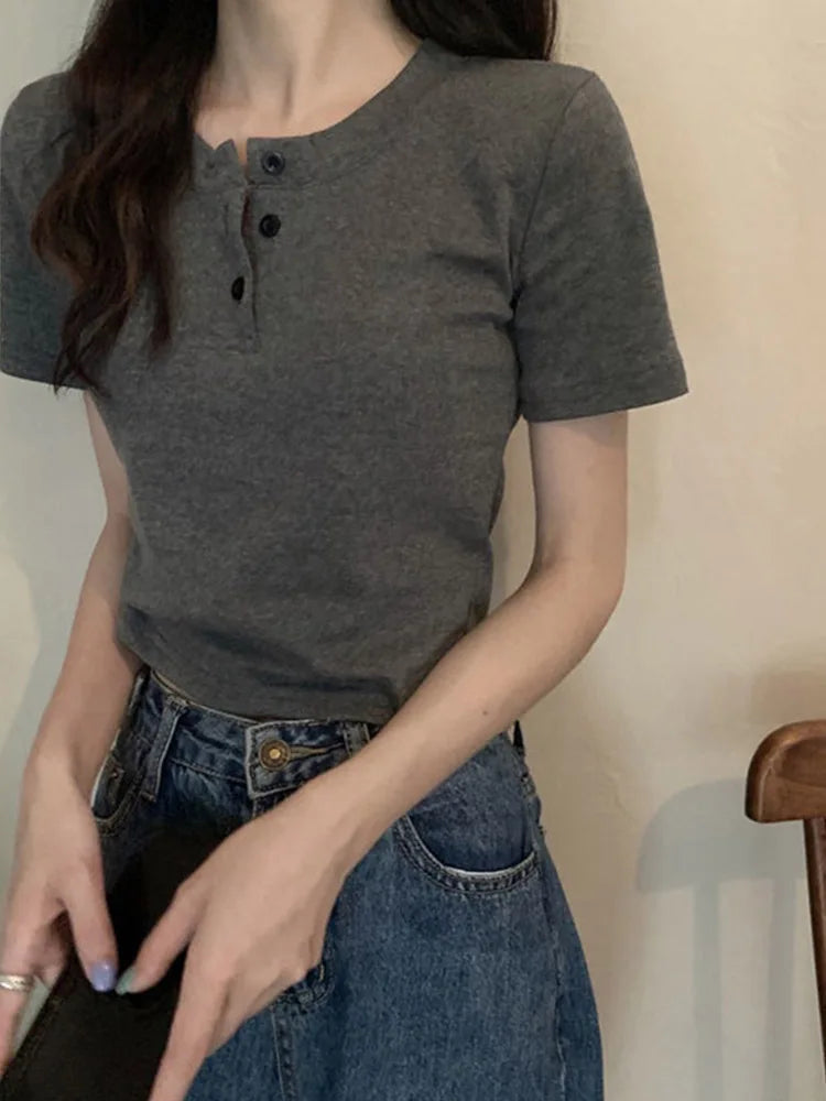 Women's Button Front Crop Top - Short Sleeve Slim Fit White Basic Tee