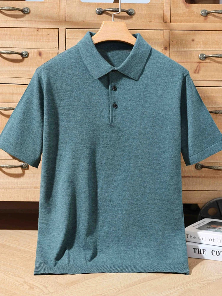 Men's 100% Merino Wool Polo Sweater - Short Sleeve Summer Knit Pullover