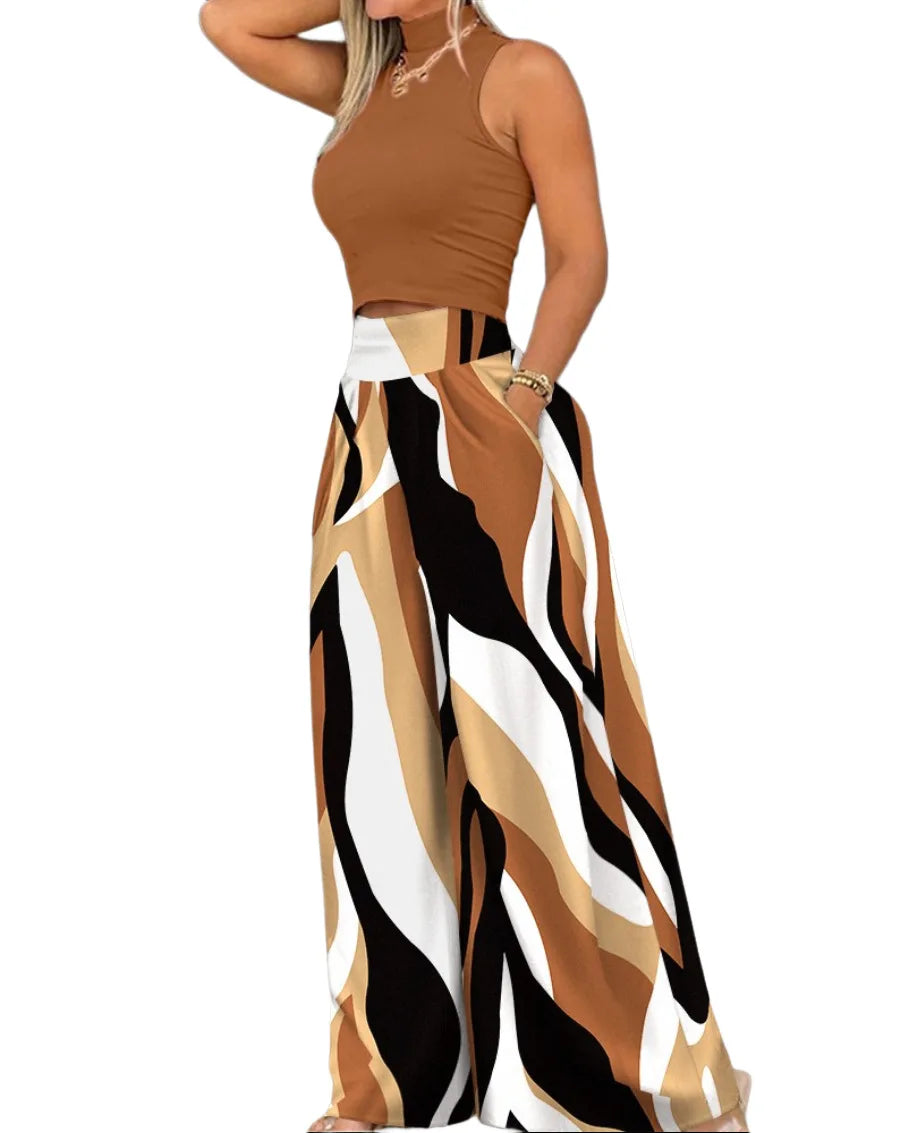 Women's 2-Piece Print Set - Sleeveless Top & Wide Leg Pants Summer 2024