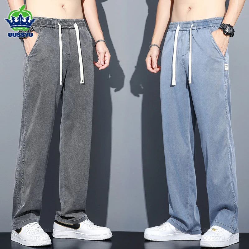 Summer Thin Soft Lyocell Fabric Jeans Men Loose Straight Wide Leg Pants Drawstring Elastic Waist Casual Trousers Plus Size M-5XL OUSSYU Official Store