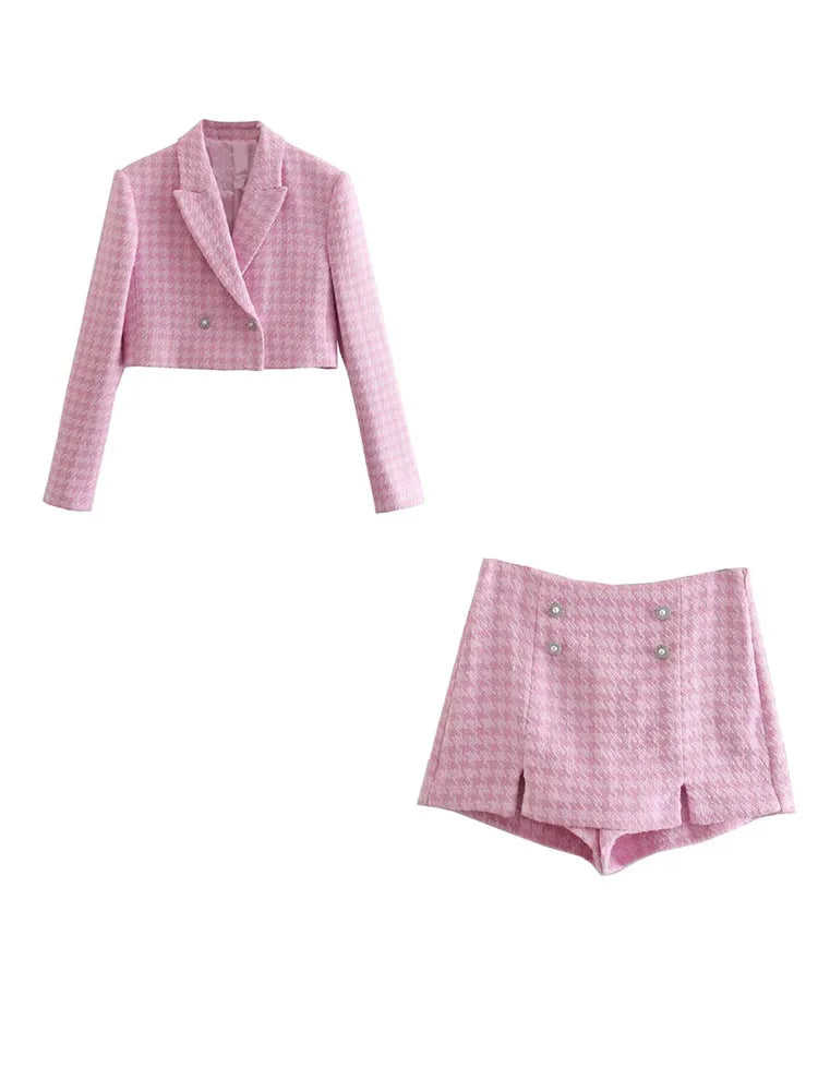 Women's Tweed Blazer & Shorts Suit Set - 2-Piece Professional Office Outfit