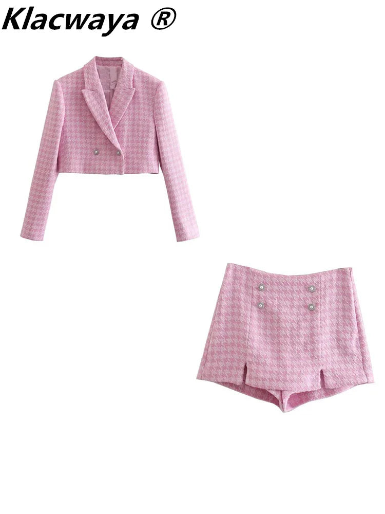 Women's Tweed Blazer & Shorts Suit Set - 2-Piece Professional Office Outfit