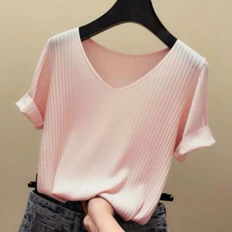 Women's V-Neck Knitted Sweater - Short Sleeve Slim Fit Summer Pullover