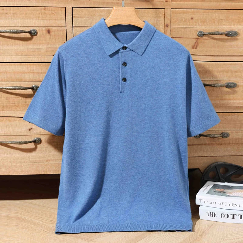Men's 100% Merino Wool Polo Sweater - Short Sleeve Summer Knit Pullover