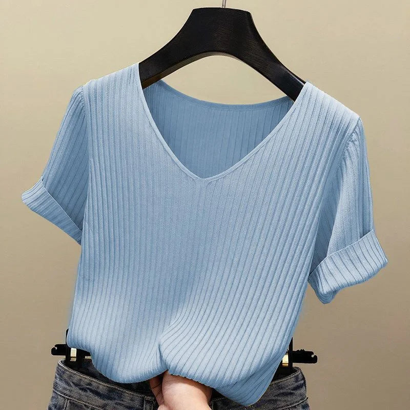 Women's V-Neck Knitted Sweater - Short Sleeve Slim Fit Summer Pullover