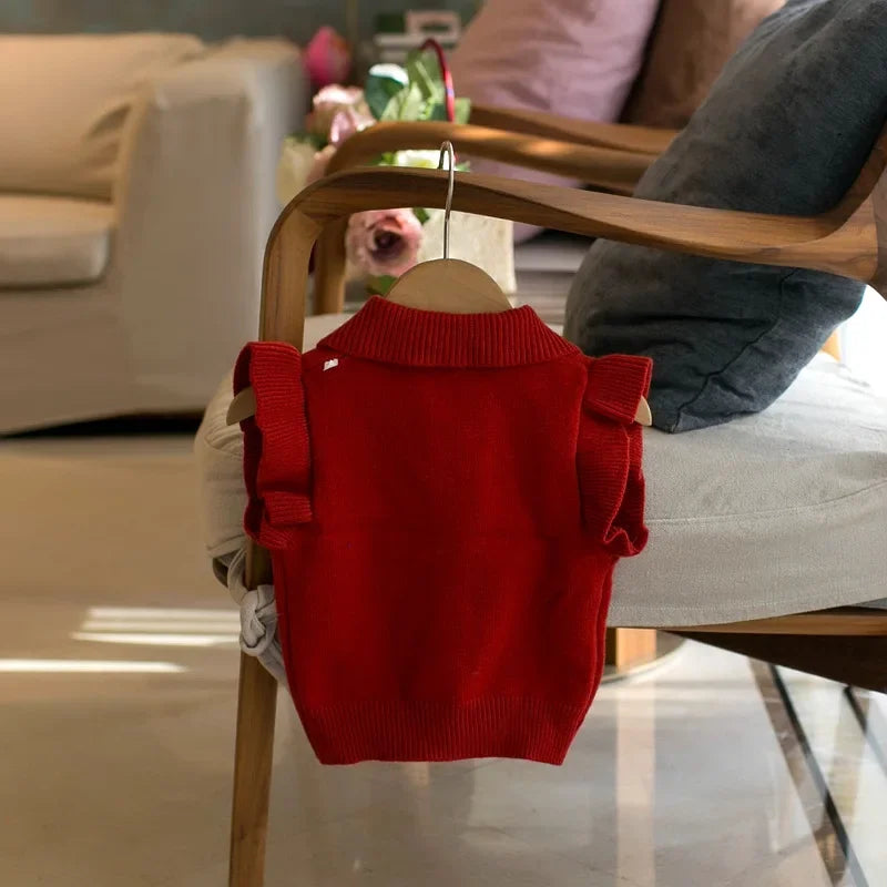Autumn Girls' Sweater Vest Children'S Clothing Girls' Lapel Cardigan Bow Vest Small Flying Sleeve Cute Knitted Sweater Vest Top Mulambo store